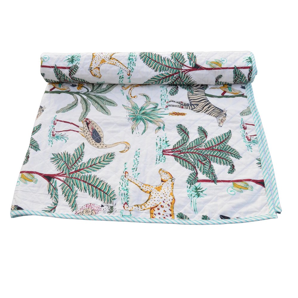 Aashita Creations Toddler Hand Work Kantha Cotton Baby Quilt, Bedspread Throw Floral Printed Baby Quilt_1073