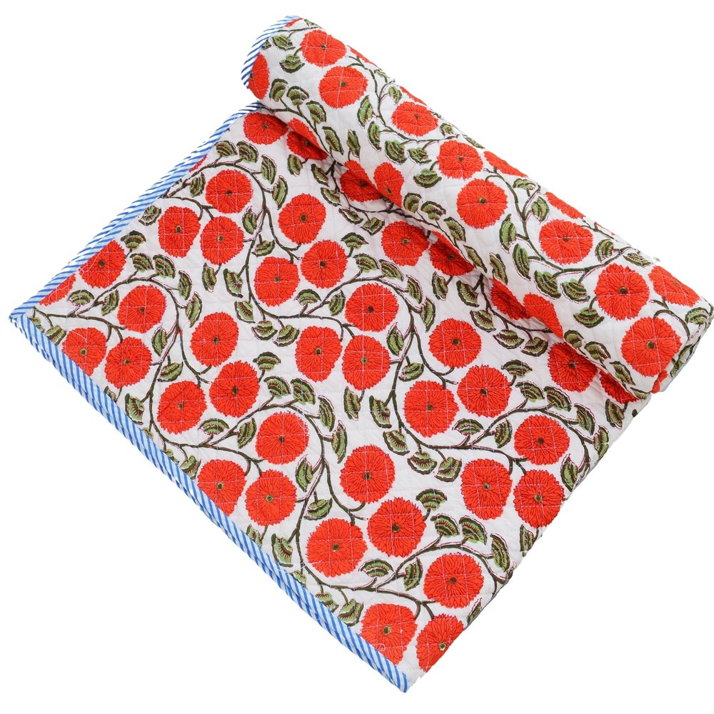Aashita Creations Toddler Hand Work Kantha Cotton Baby Quilt, Bedspread Throw Floral Printed Baby Quilt_1079