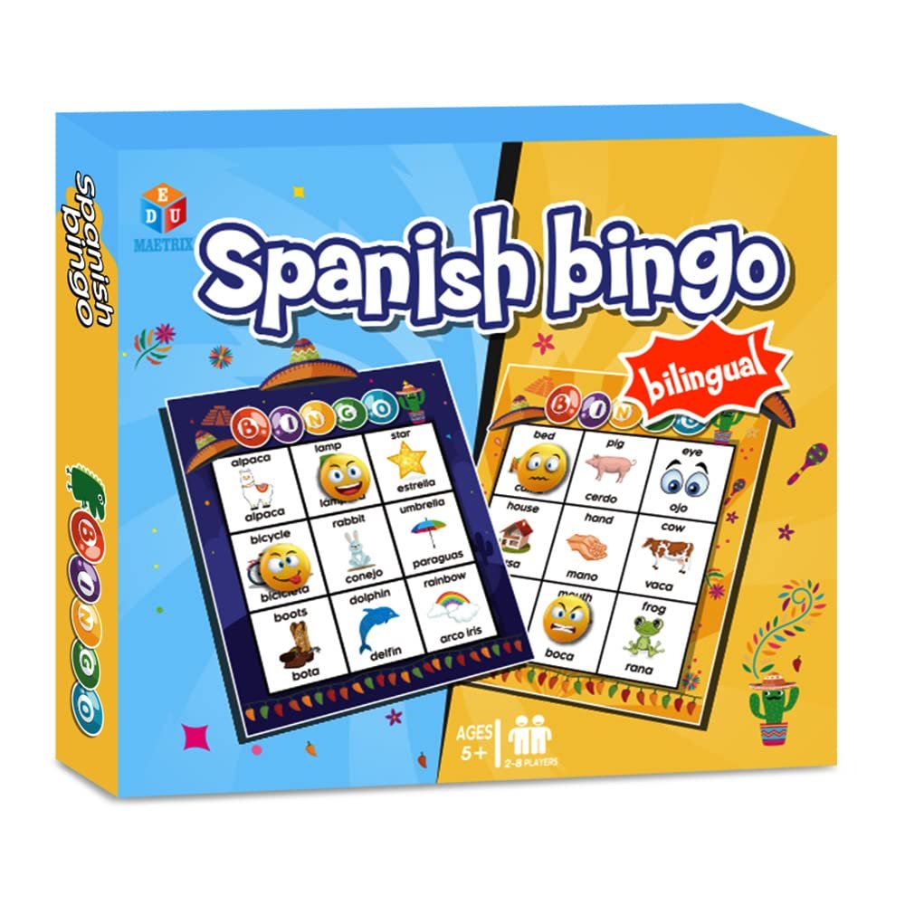 EDUMAETRIX Spanish English Bilingual Bingo with Challenging Cards Vocabulary Language-Learning Educational Reading Games for Kids Ages 5+