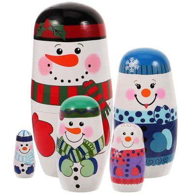 FOMIYES Wooden Russian Dolls 5 Layers Snowman Pattern Stacking Dolls Smiling Snowman Figurines Snowman Winter Decoration Toy Christmas Birthday Favors