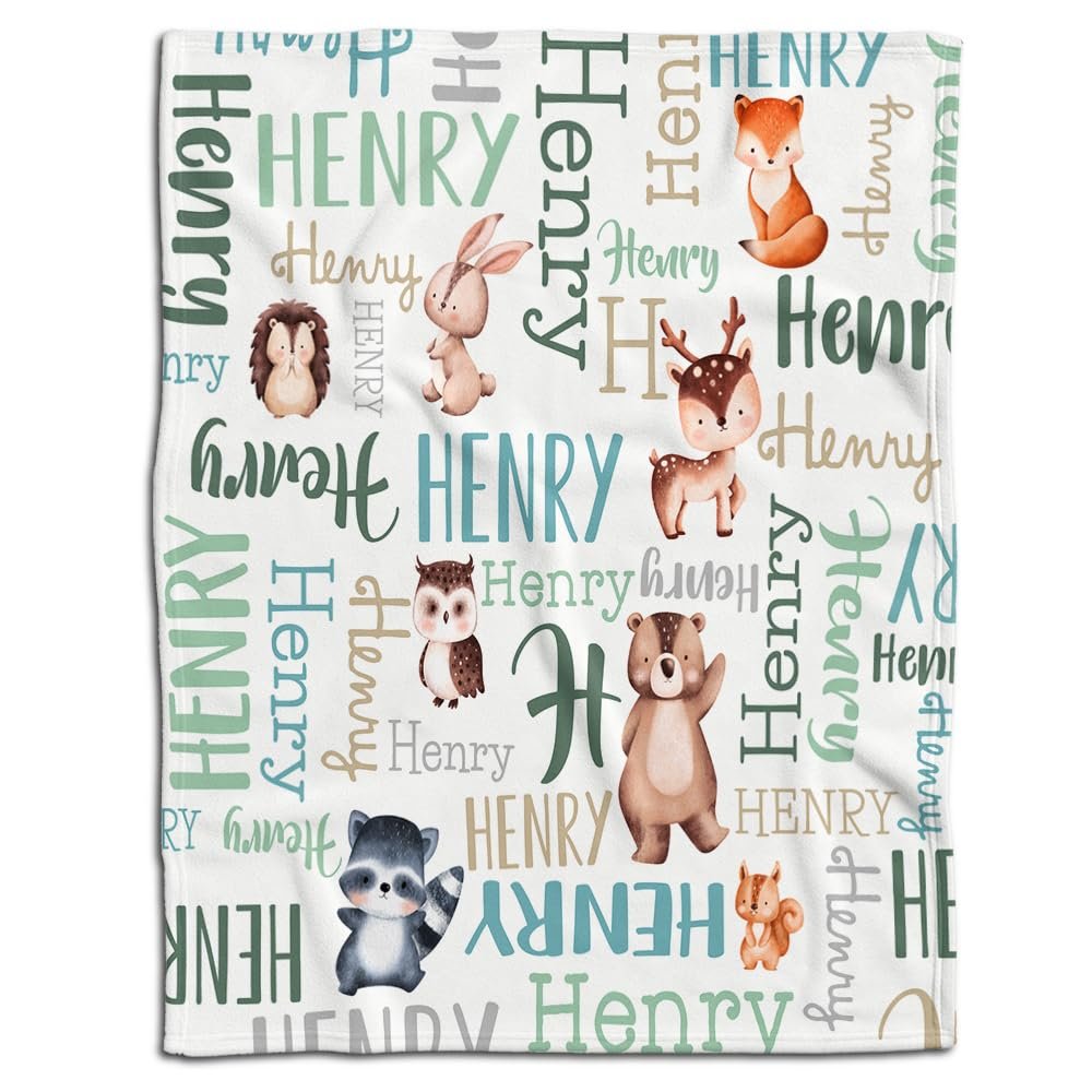 DIZZY Personalized Blankets, Custom Blanket with Name for Boy, Best Gift for Monogram Plush Fleece Woodland Animals Nursery Super Soft Sherpa Blankets