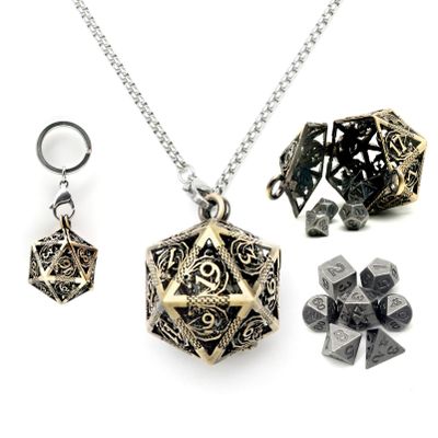 Haxtec Mini Metal DND Dice Set with Hollow Necklace Dice Case Antique Tiny Metal Dice Set D&D Keychain Portable 7PCS Dice Set
