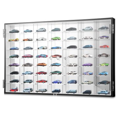 Suzile 1/64 Diecast Acrylic Display Case Car Wall Case Diecast Model Display Clear Wheels Storage Cabinet Car Rack for 56 Slots, 2 Doors, 23.5 x 15 x 2 Inch