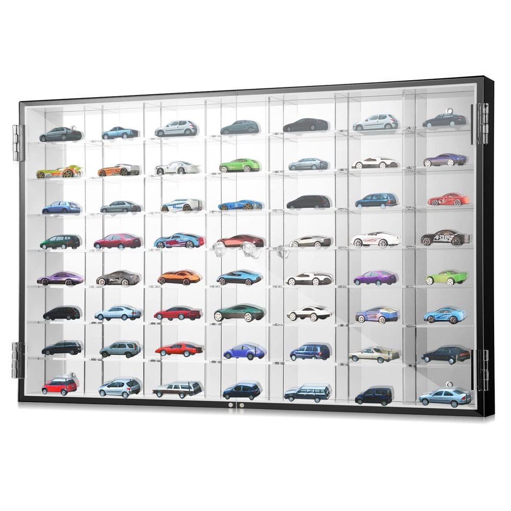 Suzile 1/64 Diecast Acrylic Display Case Car Wall Case Diecast Model Display Clear Wheels Storage Cabinet Car Rack for 56 Slots, 2 Doors, 23.5 x 15 x 2 Inch