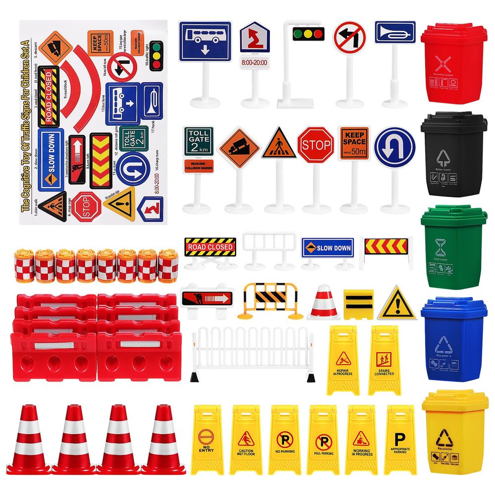105PCS Traffic Road Signs Street Road Signs Playset Traffic Light Crosswalk Signal Roadblocks Toyset for Safety Education Plaything