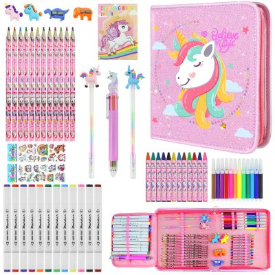 JAMIEWIN Markers Set with Glitter Unicorn Pencil Case, 59 Pcs Art and Craft Supplies Kit for Kids, Unicorn Gifts for Girls 4-9 Year Old for Christmas Birthday