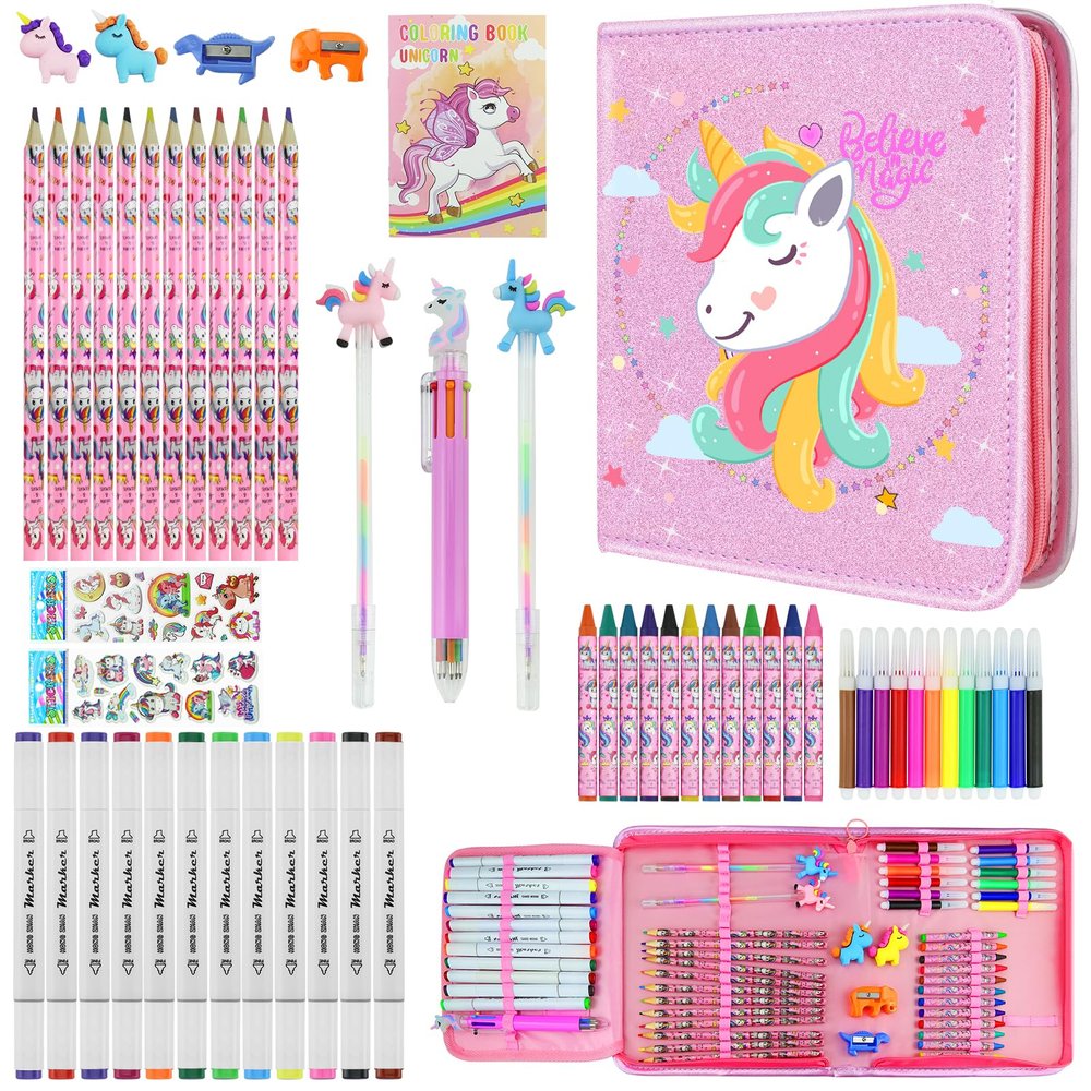 JAMIEWIN Markers Set with Glitter Unicorn Pencil Case, 59 Pcs Art and Craft Supplies Kit for Kids, Unicorn Gifts for Girls 4-9 Year Old for Christmas Birthday