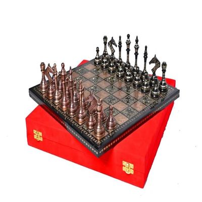 14" Handcrafted Russian Soviet Series Metal Chess Pieces & Board Set with Velvet Storage Box | Bronze Brass Metal Luxury Chess Set | Quad Weighted