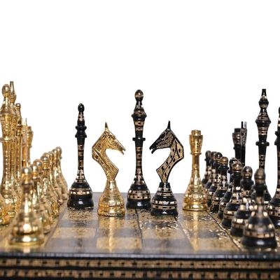 14" Handcrafted Russian Soviet Series Metal Chess Pieces & Board Set with Velvet Storage Box | Golden Brass Metal Luxury Chess Set | Quad Weighted