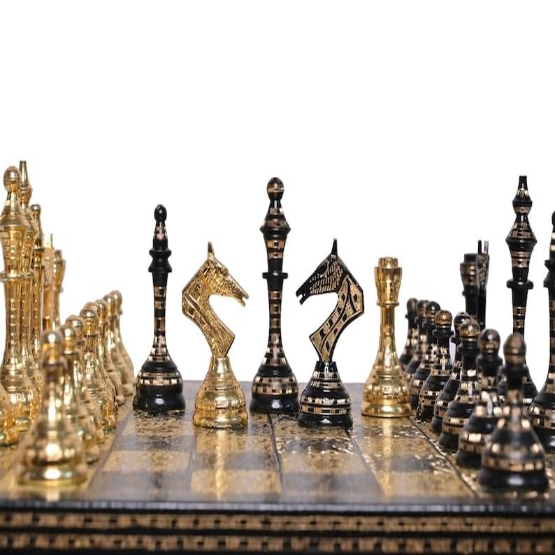 14" Handcrafted Russian Soviet Series Metal Chess Pieces & Board Set with Velvet Storage Box | Golden Brass Metal Luxury Chess Set | Quad Weighted