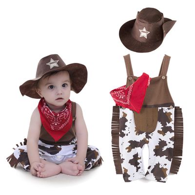 FANCYINN Toddler Baby Boys Western Cowboy Romper Sets Halloween Cosplay Dress Up Play Outfits with Scarf and Hat 95 12-18 Months