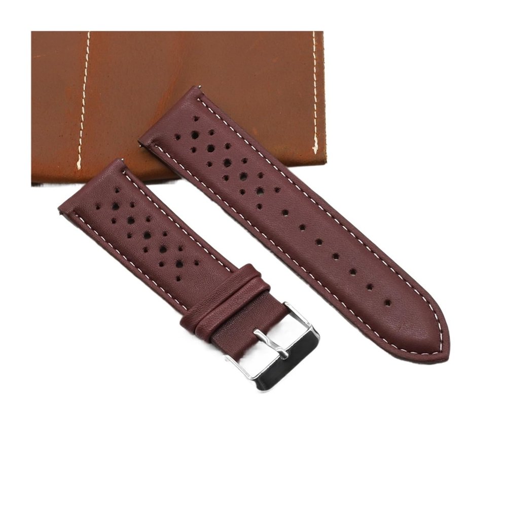 REFKIT 18mm 19mm 20mm 22mm 24mm Leather Watch Strap Porous Breathable Retro Watchband Red Black Handmade Wristband(Wine red,20mm)