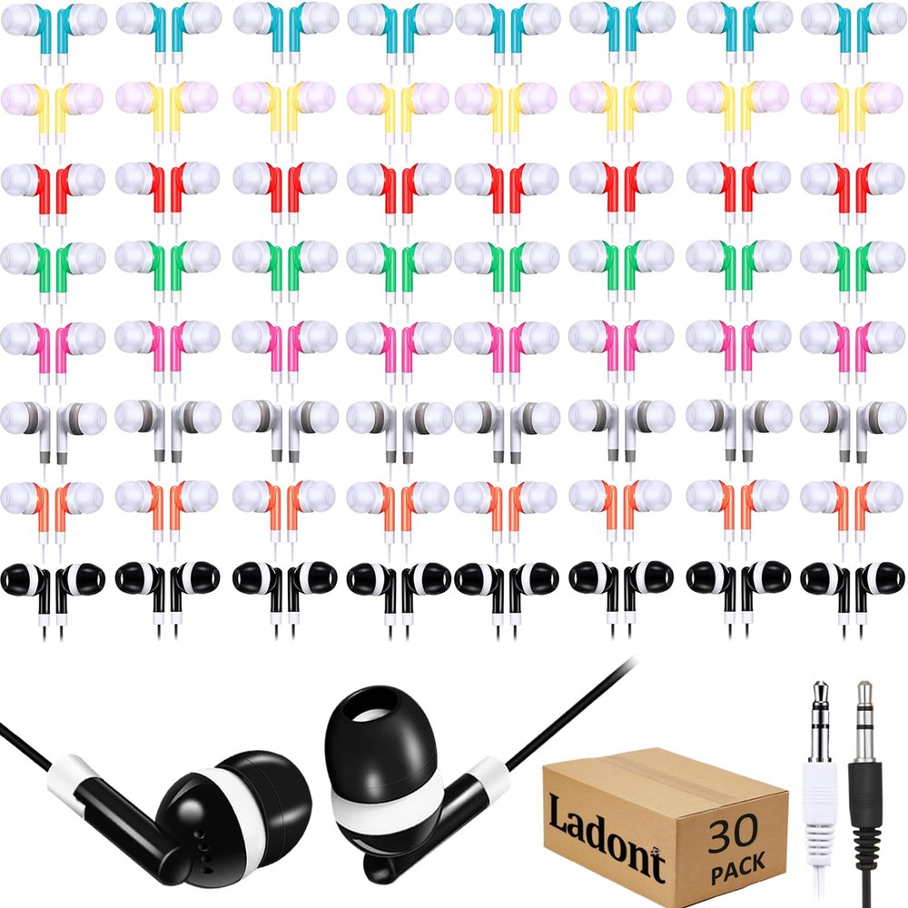 Ladont Classroom Earbuds Bulk 30 Pack for Kids Kids Headphones for Classroom Children Boys Girls Toddler Adult(8 Mixed Colors)