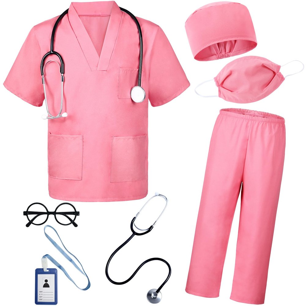 BOMLY Doctor Costume for Kids 7Pcs Toddler Nurse Scrubs Set With Halloween Dress Up Costumes for Boys and Girls Ages 3-11