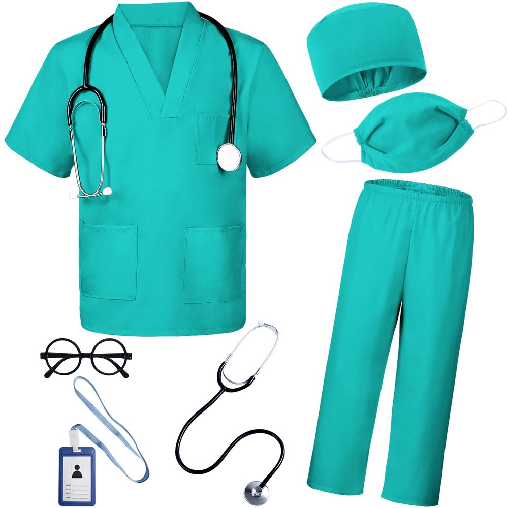 BOMLY Doctor Costume for Kids 7Pcs Toddler Nurse Scrubs Set With Halloween Dress Up Costumes for Boys and Girls Ages 3-11 (Green, 4T-5T)