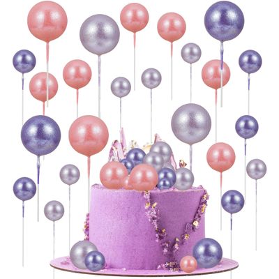 30Pcs Balls Cake Topper Glitter Foam Ball Cake Picks Faux Pearl Ball Shaped Cupcake Insert Cake Topper for Baby Shower Wedding Anniversary Kids Birthday Graduation Party Cake Decorations Light Purple
