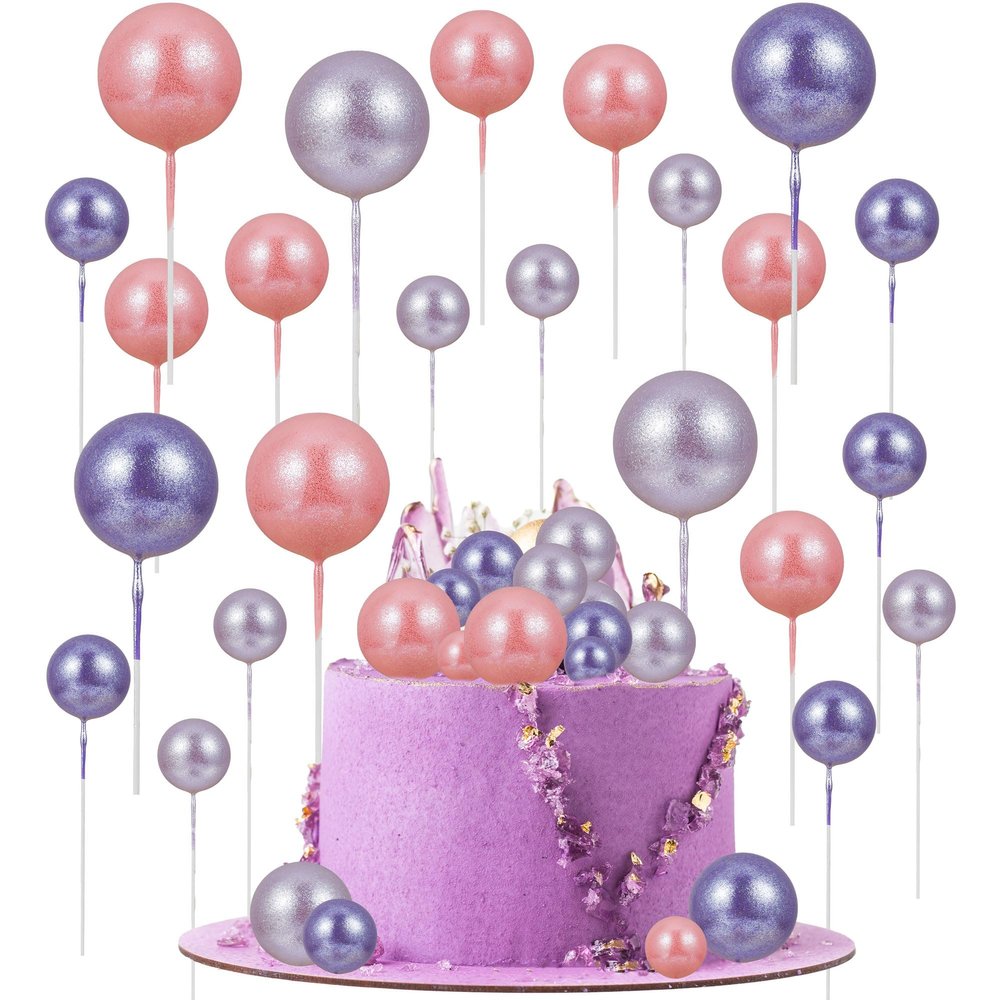 30Pcs Balls Cake Topper Glitter Foam Ball Cake Picks Faux Pearl Ball Shaped Cupcake Insert Cake Topper for Baby Shower Wedding Anniversary Kids Birthday Graduation Party Cake Decorations Light Purple