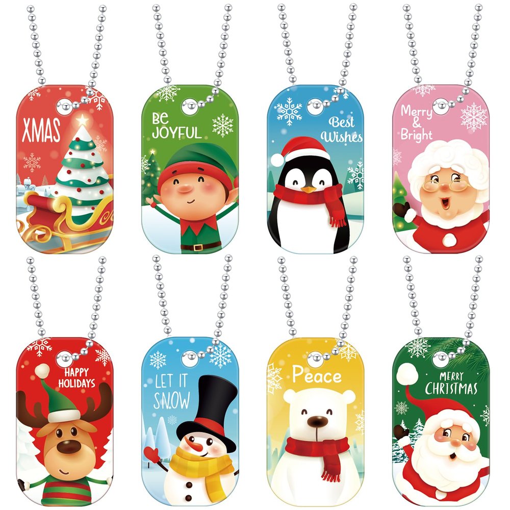 Loetere 48 Pcs Christmas Dog Tag Necklace with Chain Cute Dog Tag Necklaces for Women Men Christmas Party Favors Dress up Gifts, 8 Style