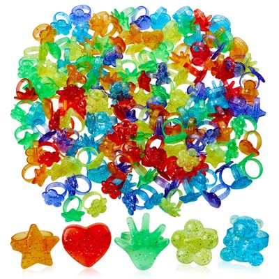 Playbees Colorful Plastic Glitter Toy Rings - 144 Pack- Assorted Hearts, Bears, Stars, Hands & Flowers - Perfect Party Favors, Cake Toppers, Goody Bags, Piatas, Arts, Crafts