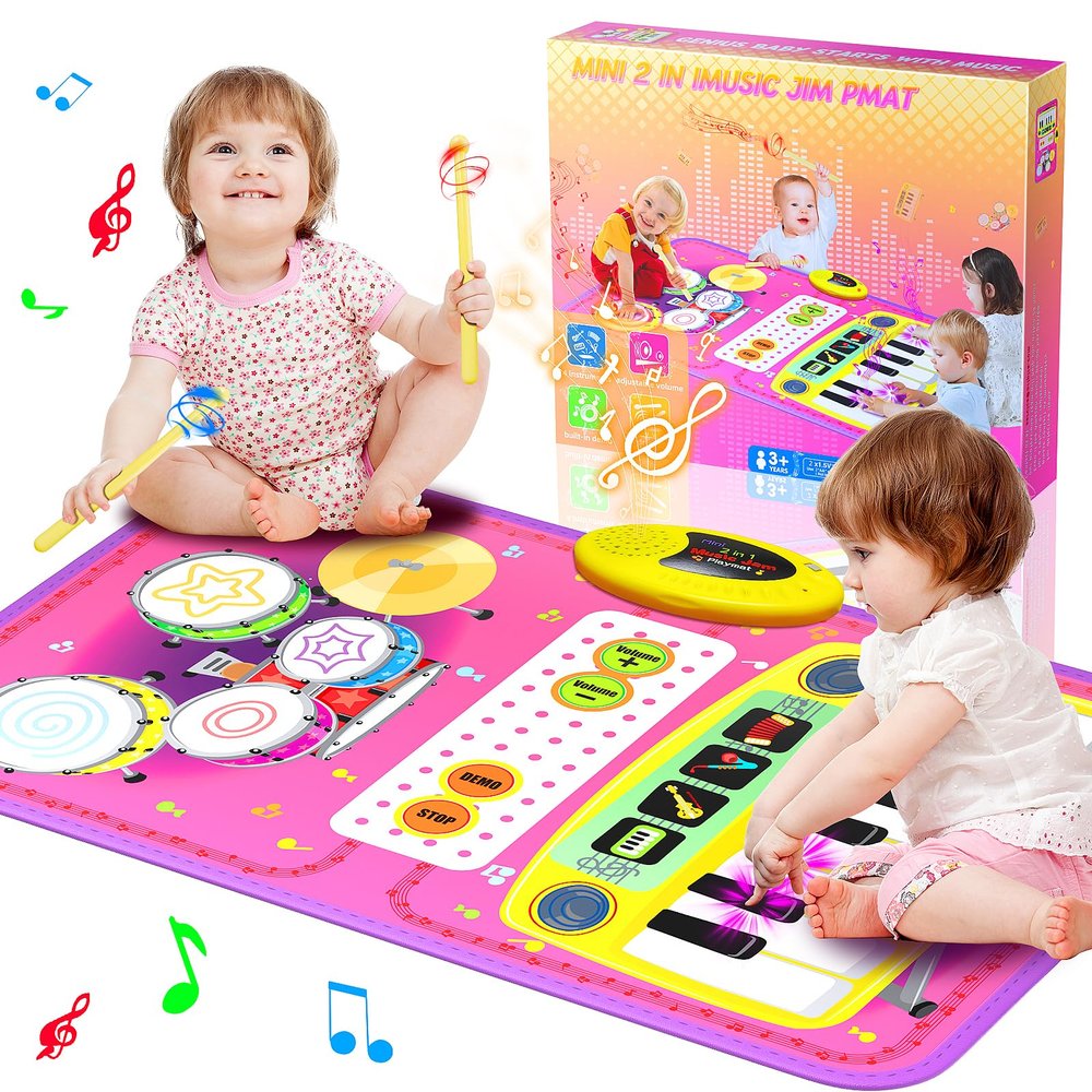 2-in-1 Musical Mat Toys for 1 2 3 4 5 Year Old, Piano Keyboard & Drum Set with 2 Drum Sticks, Early Educational Musical Learning Toys Birthday for 1 2 3 4 5 Year Old Girls & Boys, Pink
