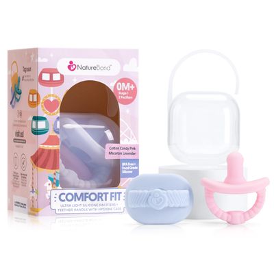 NatureBond Baby Pacifier Soother Silicone Binky Newborn Teether Pacifiers 2 in 1, Curved for Comfort | Hygiene Cover (0-6 Months, Cotton Candy Pink and Macaron Lavender)