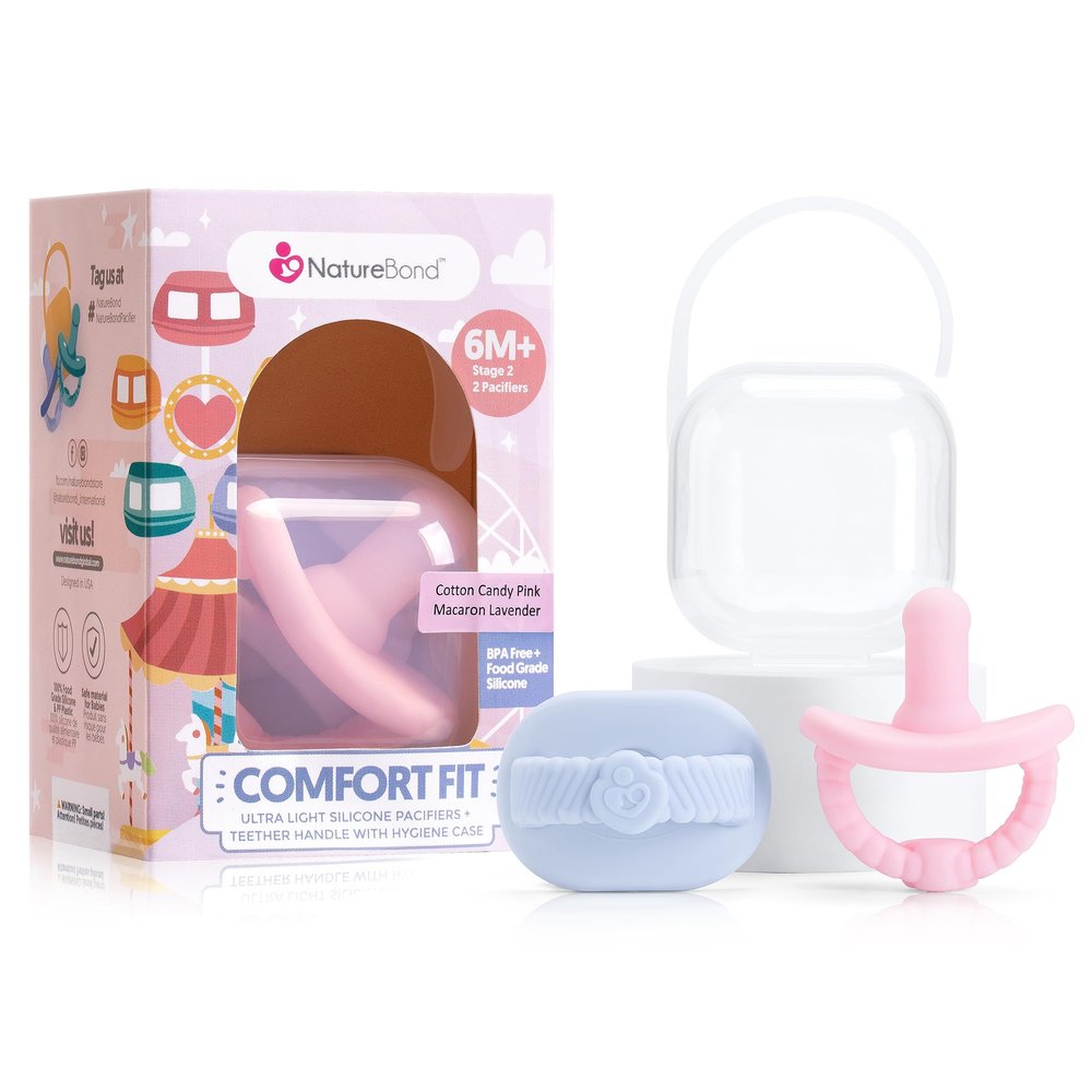 NatureBond Baby Pacifier Soother Silicone Binky Newborn Teether Pacifiers 2 in 1, Curved for Comfort | Hygiene Cover (Above 6 Months, Cotton Candy Pink and Macaron Lavender)