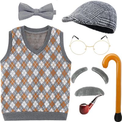 100 Days Of School Old Man Costume for Kids Boys, 100th Day Dress up Accessories Grandpa Hat Glasses,Old Person Mustache and Eyebrows Cane Prop,10 12- Years
