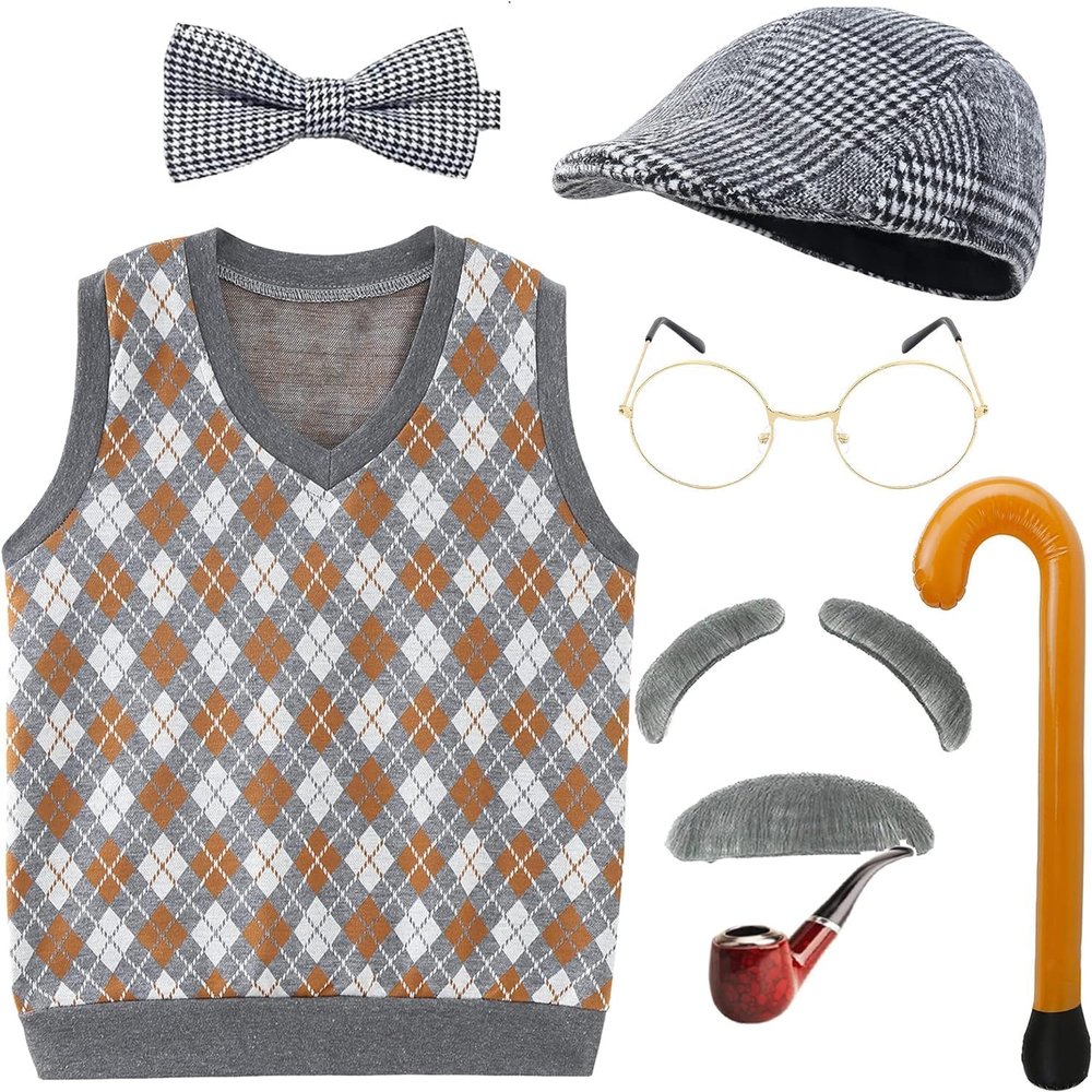 100 Days Of School Old Man Costume for Kids Boys, 100th Day Dress up Accessories Grandpa Hat Glasses,Old Person Mustache and Eyebrows Cane Prop,10 12- Years