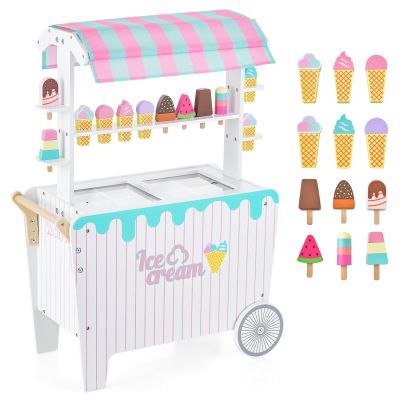 HONEY JOY Kids Ice Cream Cart, Wooden Grocery Store Playset w/12 Pieces Play Accessories, Display Rack & Freezer Compartment, Toddler Pretend Play Dessert Shop Counter Stand Truck, Gift for Boys Girls