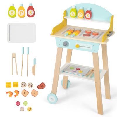 INFANS Kids Grill Playset, Wooden Pretend BBQ Toy Set with 21 Food Accessories, Role Play Kitchen Cooking Set Gift for Toddlers Boys Girls Age 3+