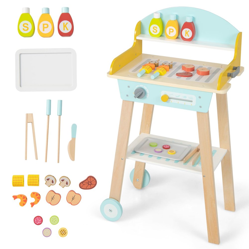 INFANS Kids Grill Playset, Wooden Pretend BBQ Toy Set with 21 Food Accessories, Role Play Kitchen Cooking Set Gift for Toddlers Boys Girls Age 3+