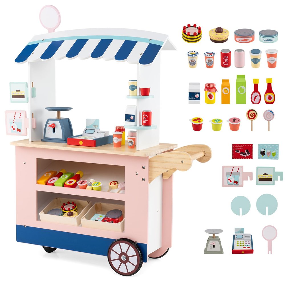 HONEY JOY Kids Food Cart, 30-Piece Toddler Pretend Play Grocery Store Playset w/Cash Register & Scale, Wooden Dessert Shop Play Market, Children Beverage Stand Cart w/Wheels, Gift for Boys Girls