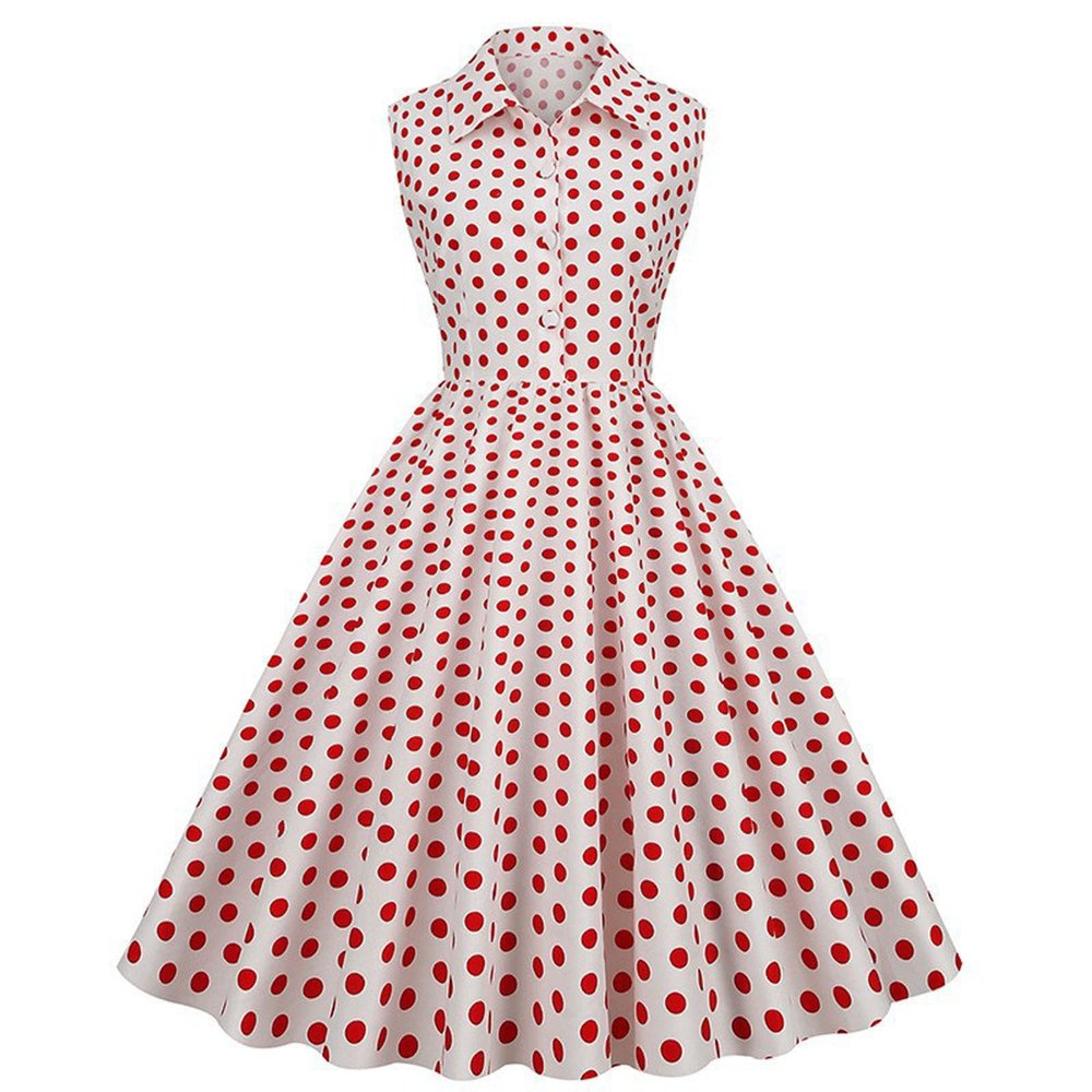 50s Dresses Vintage Button Down Shirt Dress Retro Rockabilly Sleeveless Polka Dot Audrey Prom Party Dress for Girls Hot Pink