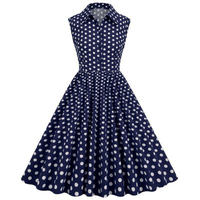 50s Dresses Vintage Button Down Shirt Dress Retro Rockabilly Sleeveless Polka Dot Audrey Prom Party Dress for Girls Navy