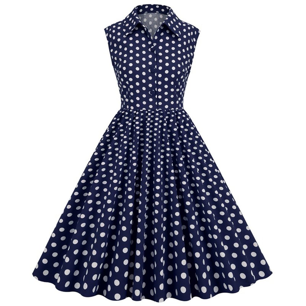50s Dresses Vintage Button Down Shirt Dress Retro Rockabilly Sleeveless Polka Dot Audrey Prom Party Dress for Girls Navy