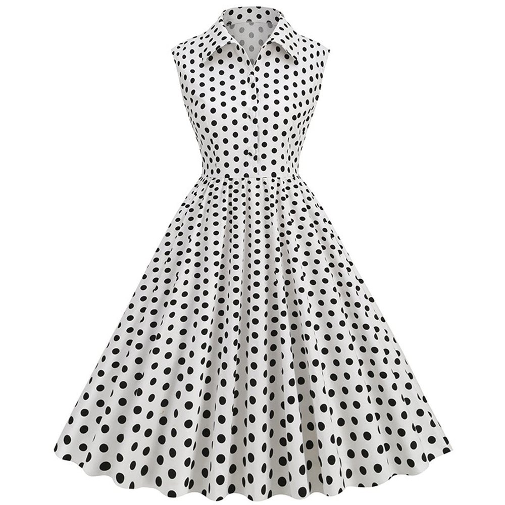 50s Dresses Vintage Button Down Shirt Dress Retro Rockabilly Sleeveless Polka Dot Audrey Prom Party Dress for Girls White
