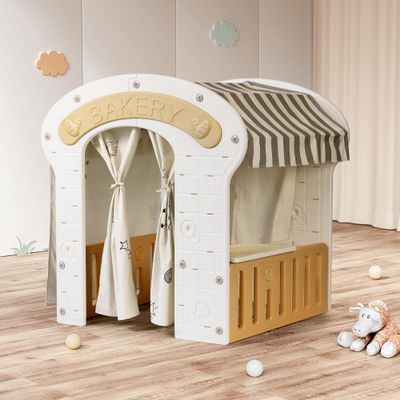 Duke Baby Cottage Bakery Play House, Indoor and Outdoor Playset, Building Block Borad, Toddler 3-10 Years Old, Easy to Assemble Backyard Discovery Playhouse - Brown (White and Oat)