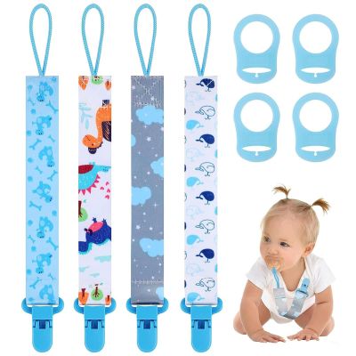 4 Pcs Baby Dummy Strap Clip, Pacifier Clip Dummy Holder Straps with 4 Silicone Adapter, Soother Chains Clips Fit All, Soothers, Teething Toys, Baby Essentials (4 Pcs Blue)
