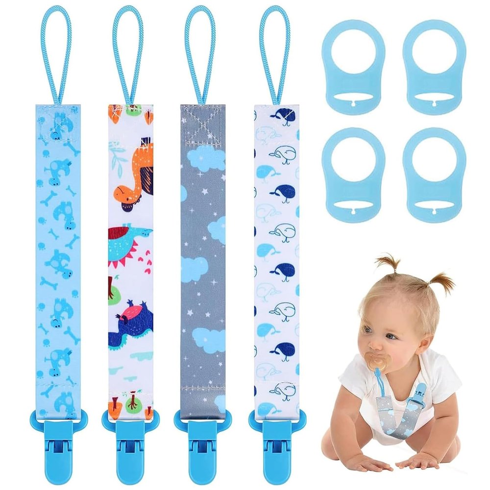 4 Pcs Baby Dummy Strap Clip, Pacifier Clip Dummy Holder Straps with 4 Silicone Adapter, Soother Chains Clips Fit All, Soothers, Teething Toys, Baby Essentials (4 Pcs Blue)