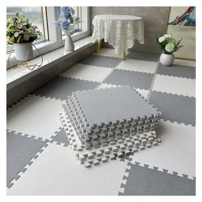10 Pcs Carpet Interlocking Foam Mats, Cotton Linen Puzzle Play Mat - Perfect for Floor Protection, Garage, Exercise, Yoga, Playroom (12" X 12" - 10 Tiles)(Color:Light Gray+White)