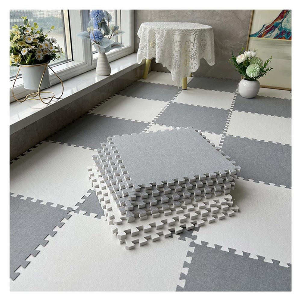 10 Pcs Carpet Interlocking Foam Mats, Cotton Linen Puzzle Play Mat - Perfect for Floor Protection, Garage, Exercise, Yoga, Playroom (12" X 12" - 10 Tiles)(Color:Light Gray+White)