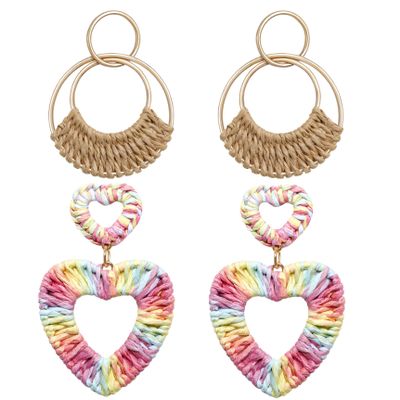 Bohemian Round Hoop Earrings and Raffia Double Heart Earrings