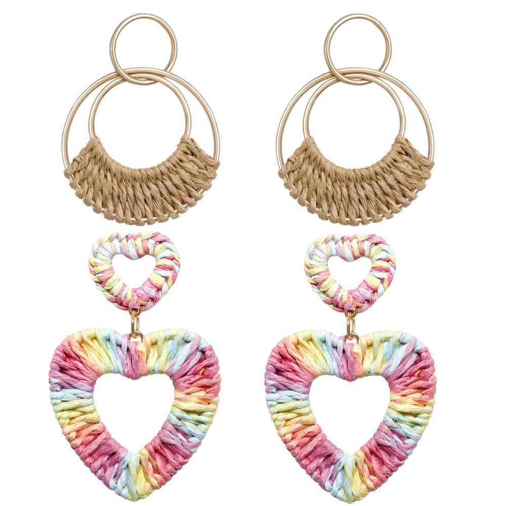 Bohemian Round Hoop Earrings and Raffia Double Heart Earrings
