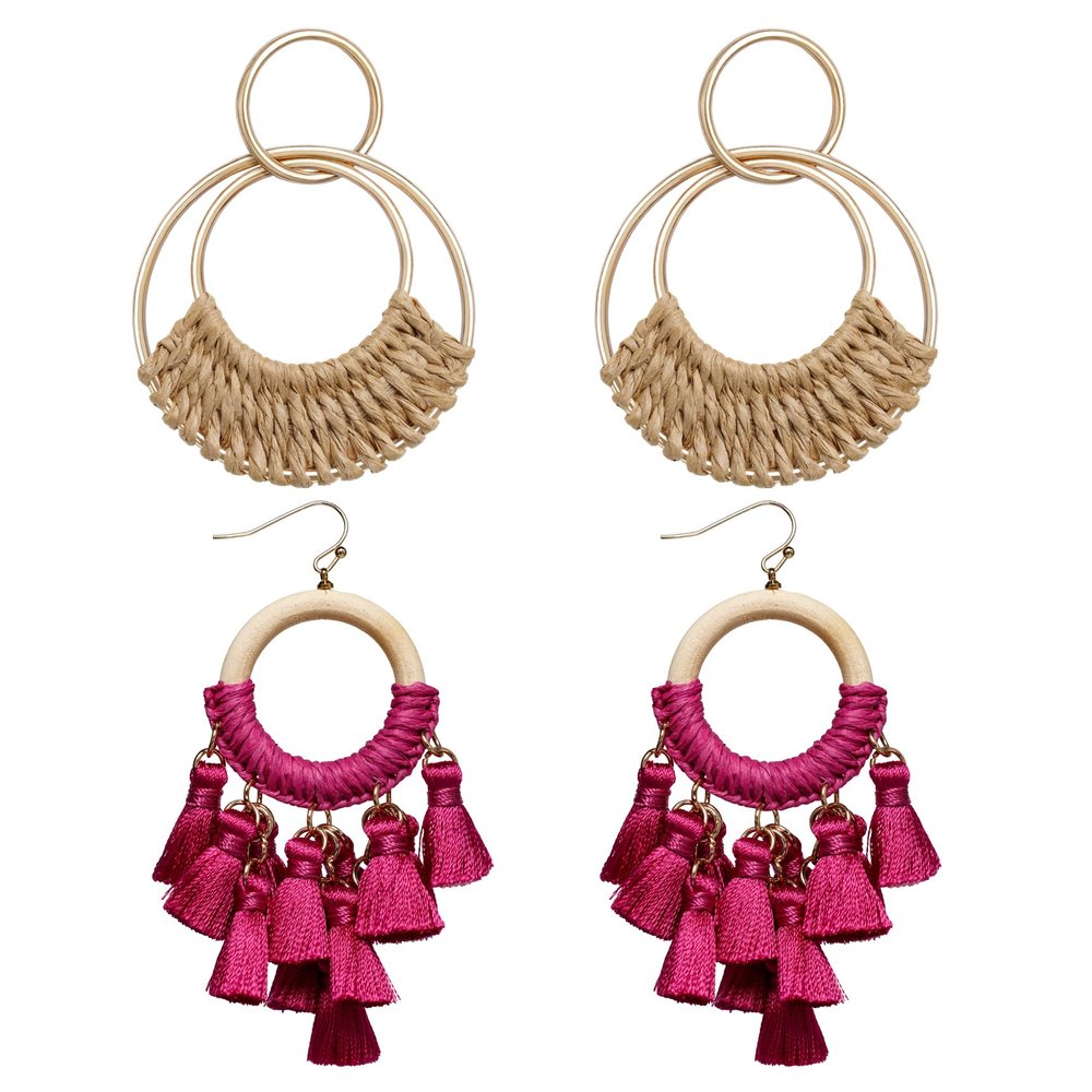 Boho Raffia Hoop Earrings and Wooden Rings Tassel Earrings
