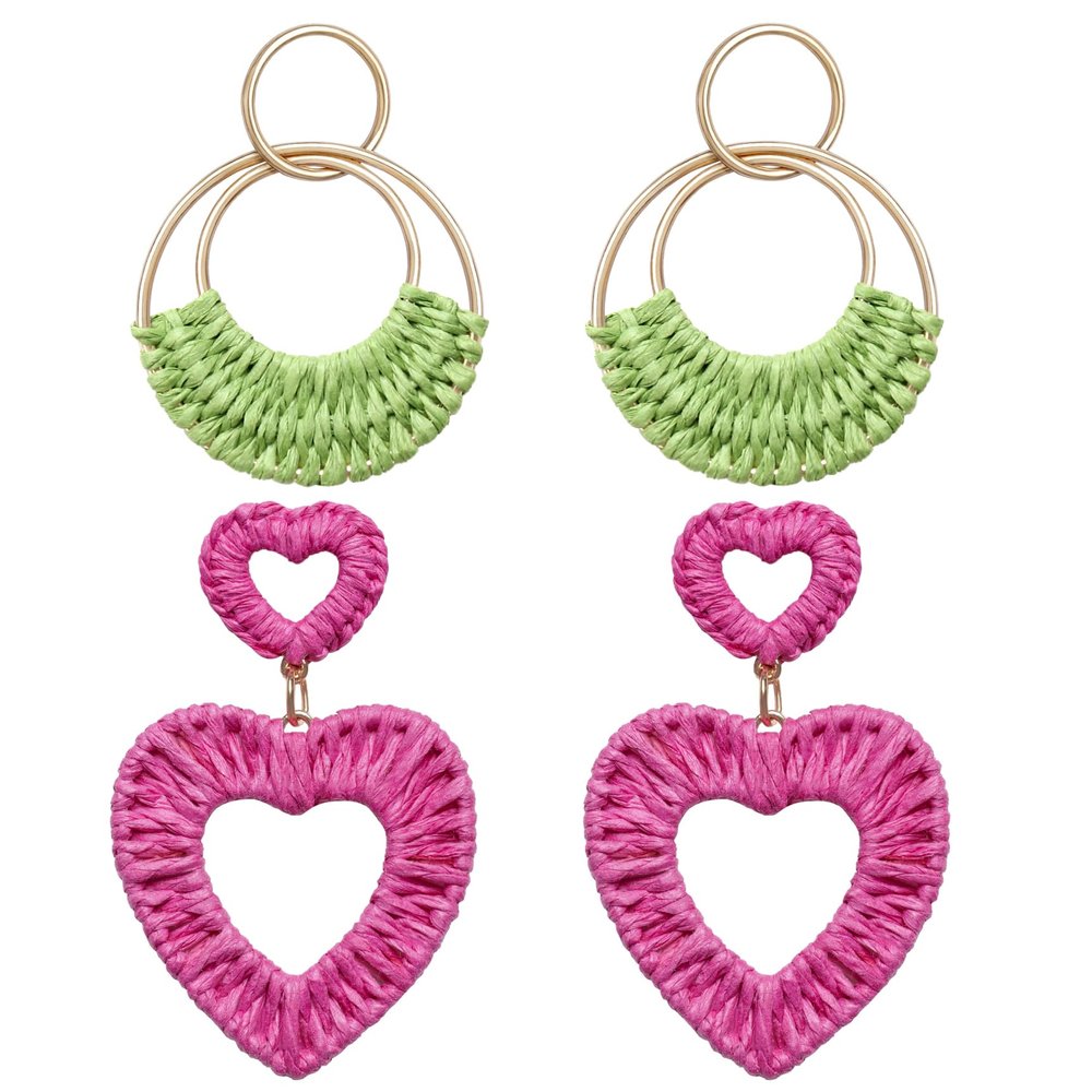 Bohemian Round Hoop Earrings and Raffia Double Heart Earrings