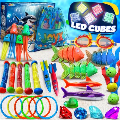 JoyX 35-Piece Diving Pool Toys Set for Kids Ages 412 Includes LED Light Cubes, Goggles, Rings, Gems & Toypedo Bandits Swim & Dive Training Set with Storage Bag for Pool Fun