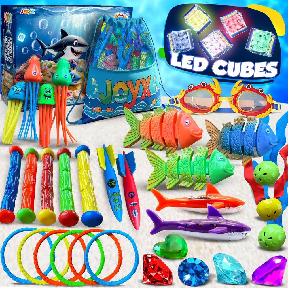 JoyX 35-Piece Diving Pool Toys Set for Kids Ages 412 Includes LED Light Cubes, Goggles, Rings, Gems & Toypedo Bandits Swim & Dive Training Set with Storage Bag for Pool Fun