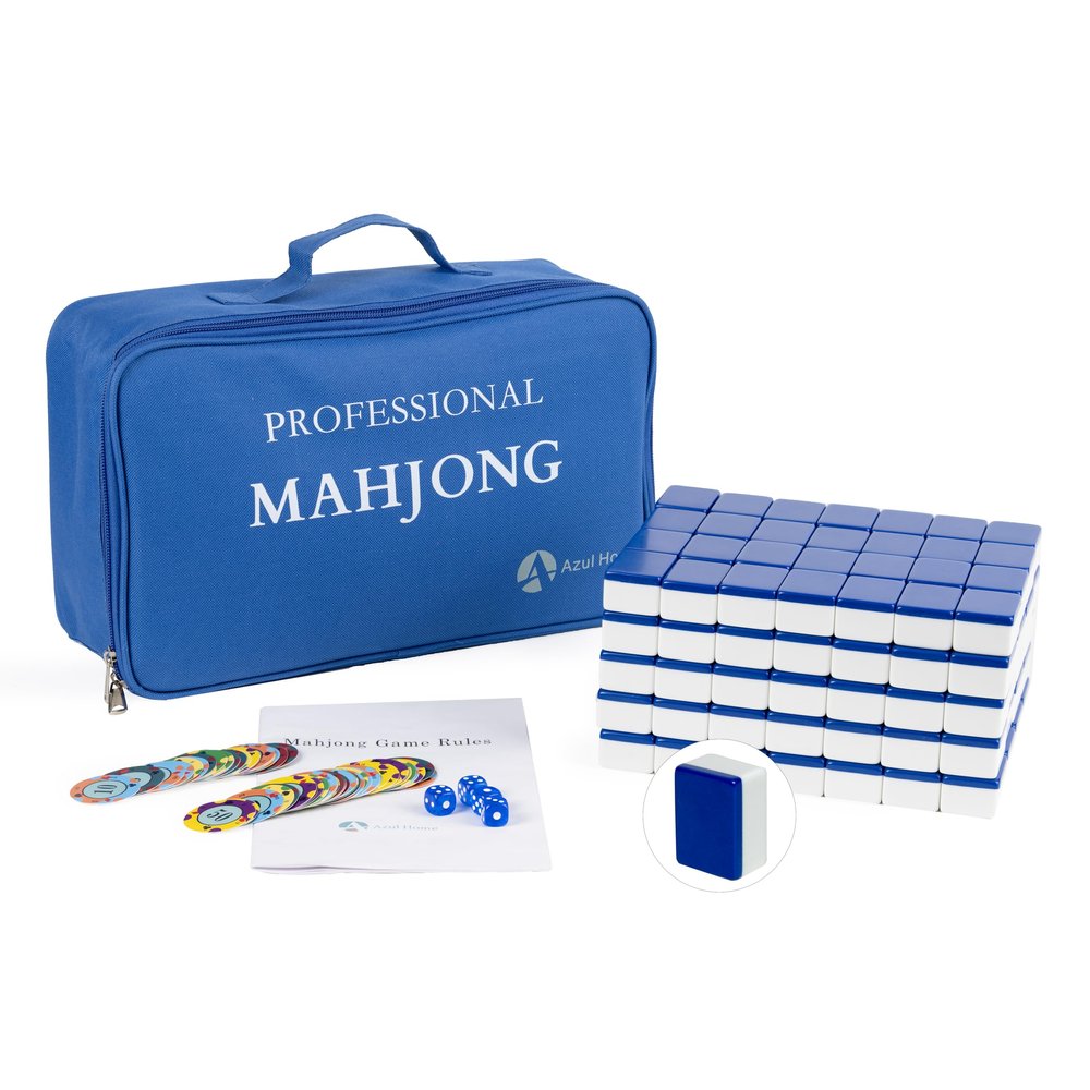 Chinese Mahjong Game Set, 144 Large Melamine Mahjong Tiles(1.57'', Sapphire) with 4 Dices 80 Poker Chips and One Storage Bag, Complete Traditional Mahjong Tile Set, Majiang, , Sapphire, Large