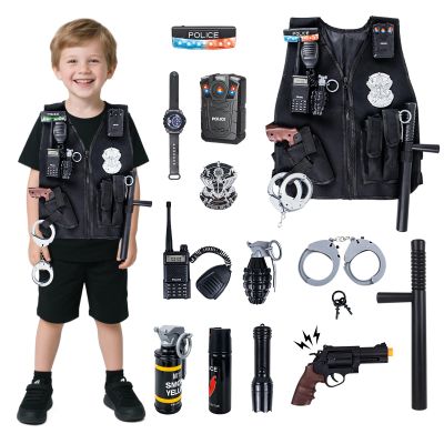 KalaDuck 14Pcs Police Costume for Kids, Pretend Play Swat Vest with Toys Accessories, Role Play Cop Costumes Outfit Dress up Set for 4-6 6-8 Ages, Swat Costume for Kids