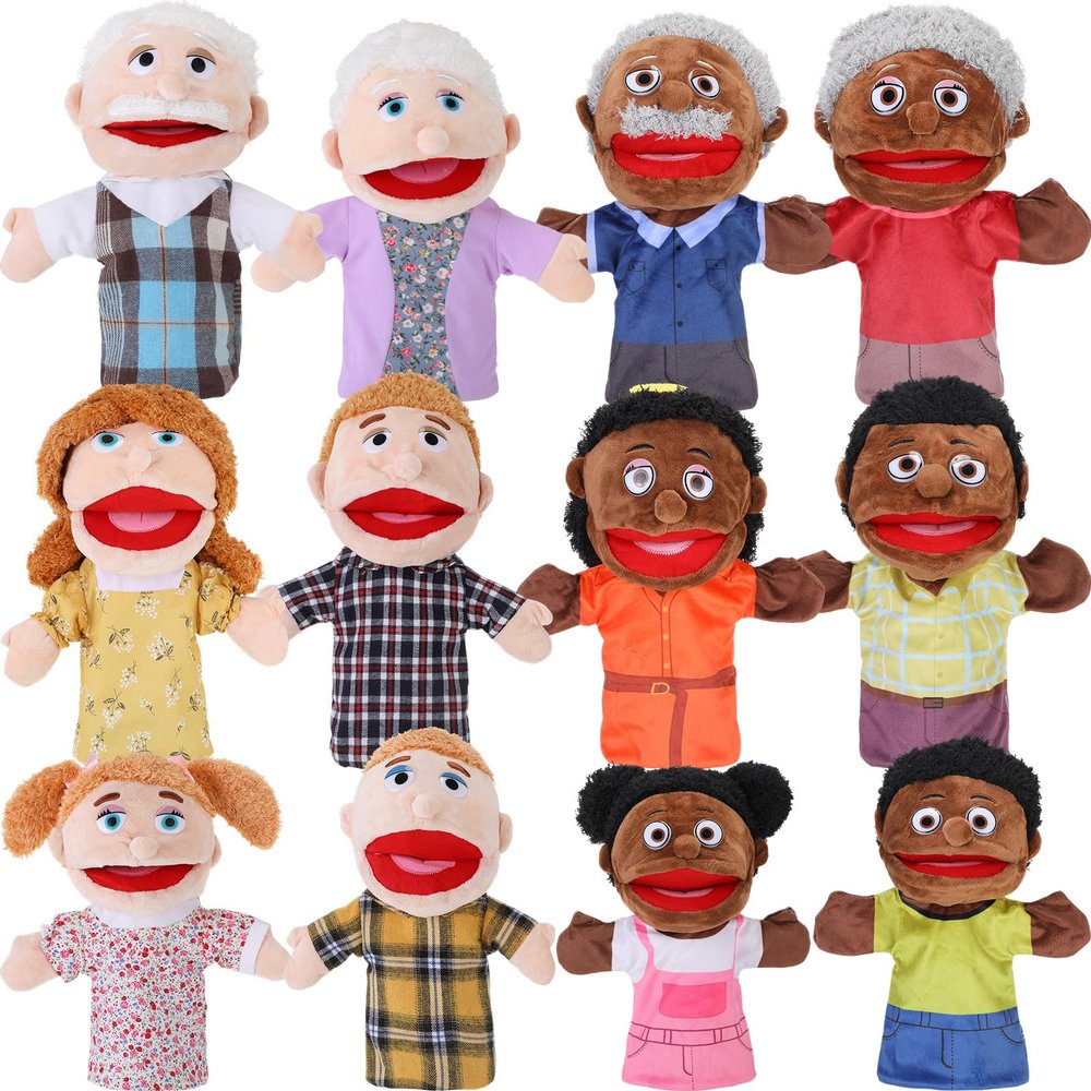 Shappy 12 Pcs Family Hand Puppets 12 Inch Grandparents, Mom & Dad, Brother & Sister, Son Daughter Plush Hand Puppet Toys Role-Play Toy Gifts for Christmas Kids Storytelling School Teaching